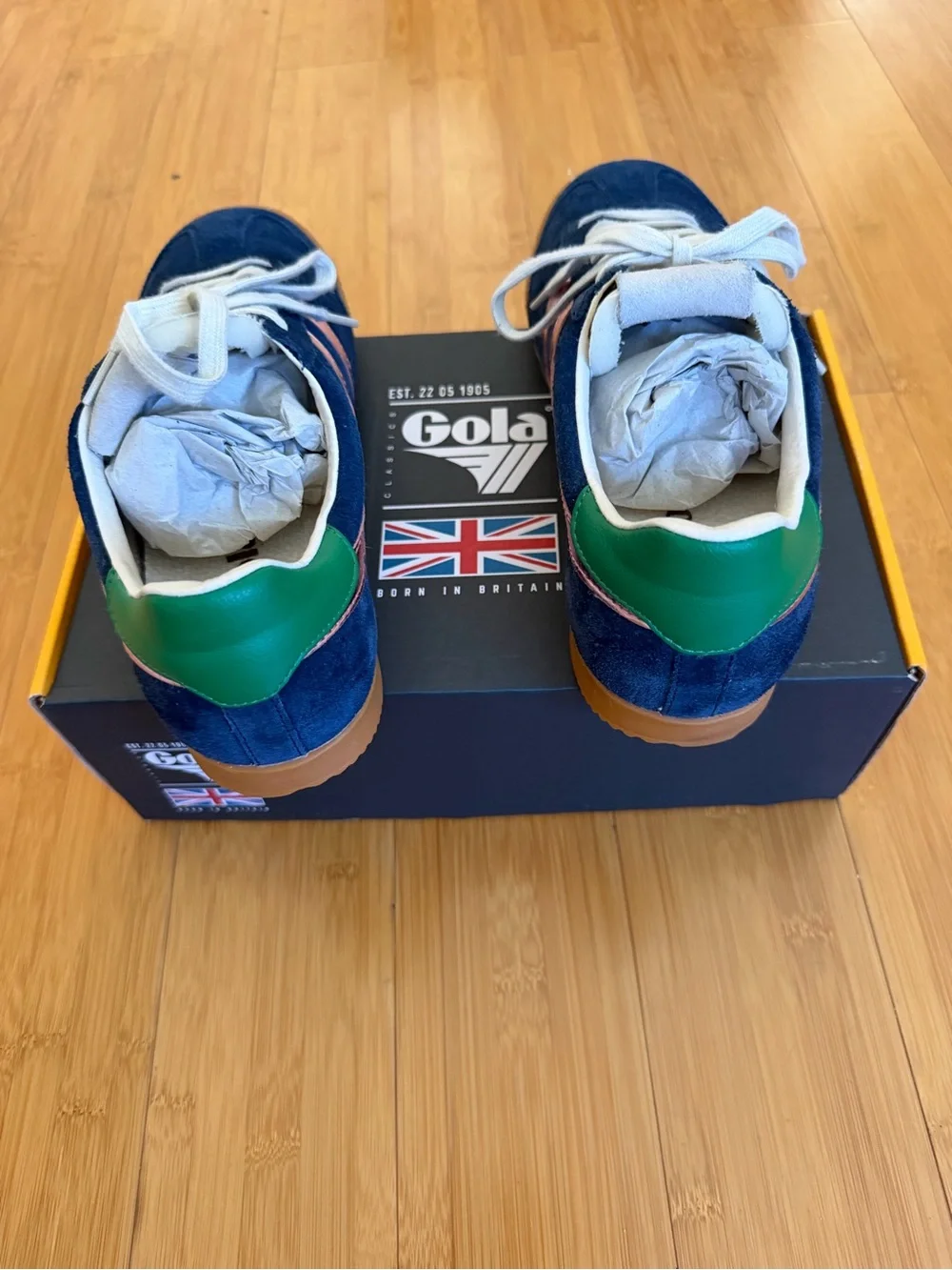 Gola Navy Suede Sneakers with Copper Stripes and Green Heel Tab